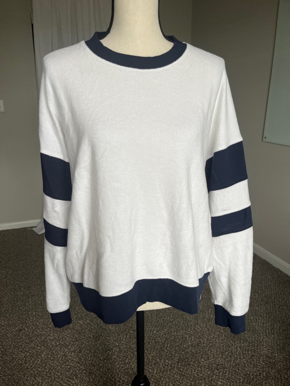 Faherty Beach Fleece Ringer Crew Sweatshirt White Navy Stripe L